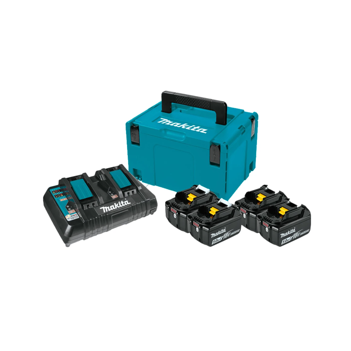 KIT CON 4 BATERIAS LITIO-ION 18V 5A + CARGADOR DOBLE EN MALETÍN MAKPAC ( 199589-4 )